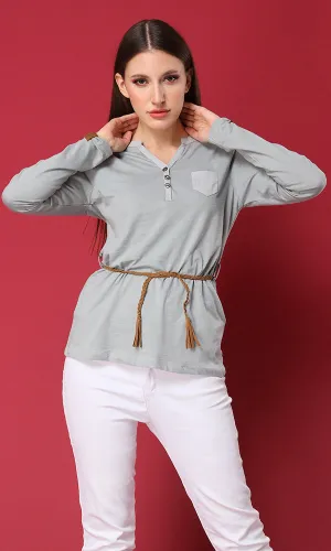 34068 Grey Basic Buttoned Henley T-Shirt