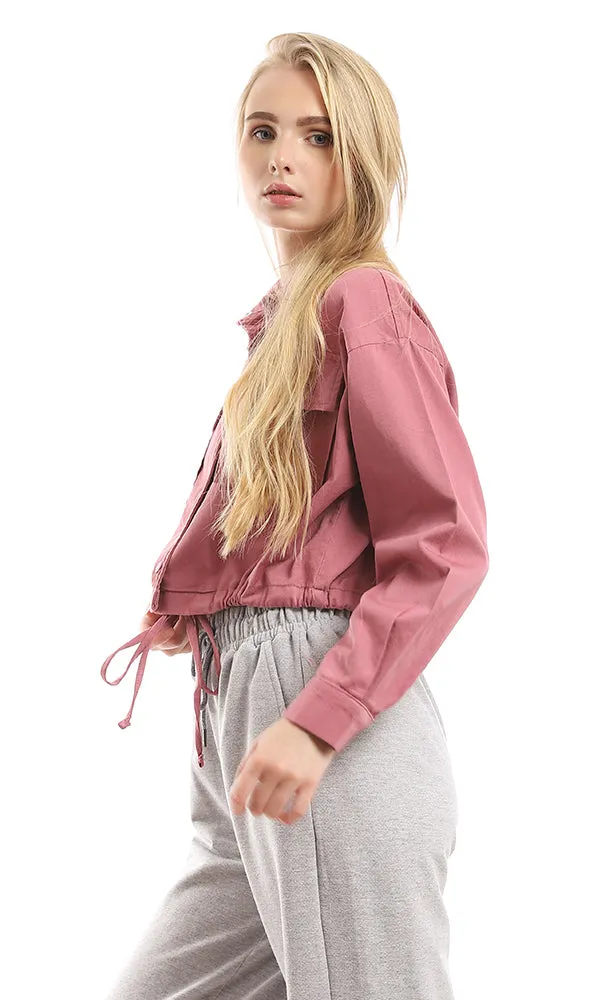 96007 Trendy Buttoned Cropped Dusty Rose Jacket With Drawstring