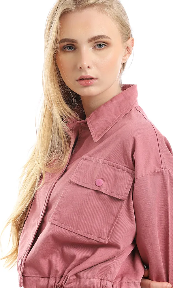 96007 Trendy Buttoned Cropped Dusty Rose Jacket With Drawstring