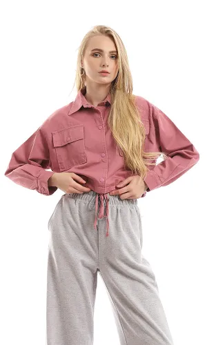 96007 Trendy Buttoned Cropped Dusty Rose Jacket With Drawstring