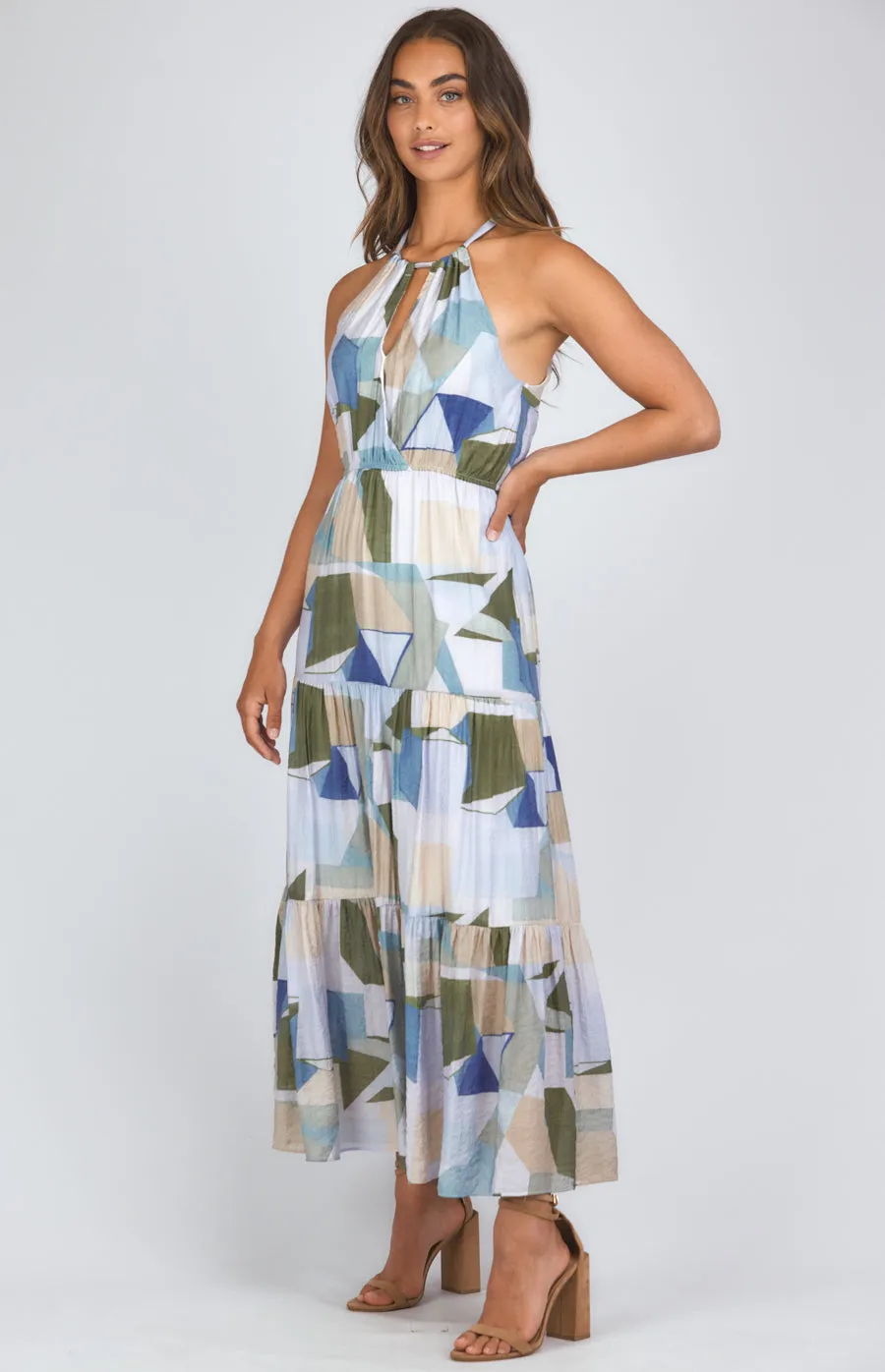 Abstract Printed Halter Neck Tiered Maxi Dress