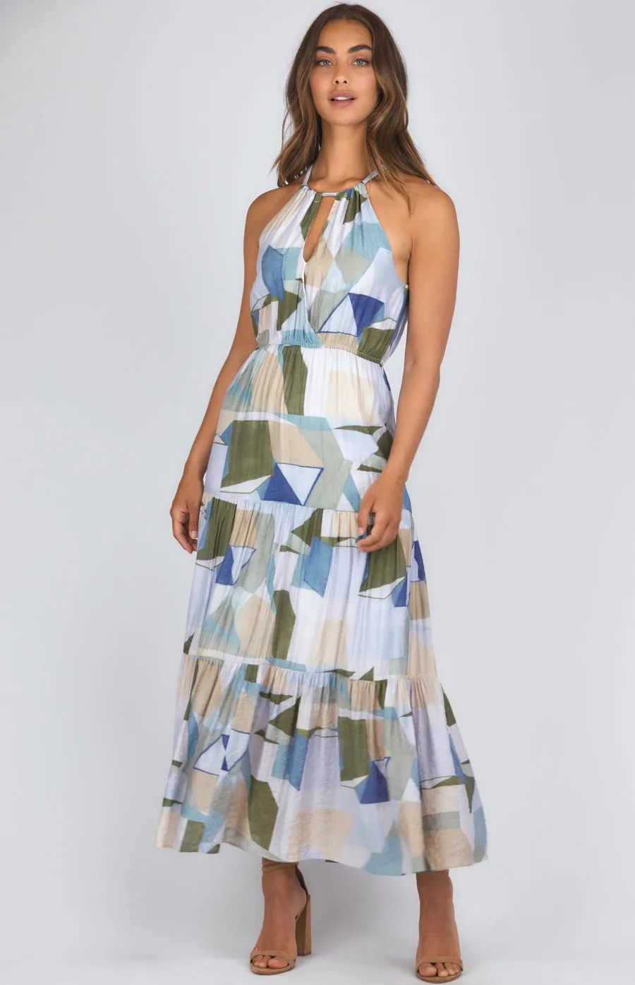 Abstract Printed Halter Neck Tiered Maxi Dress