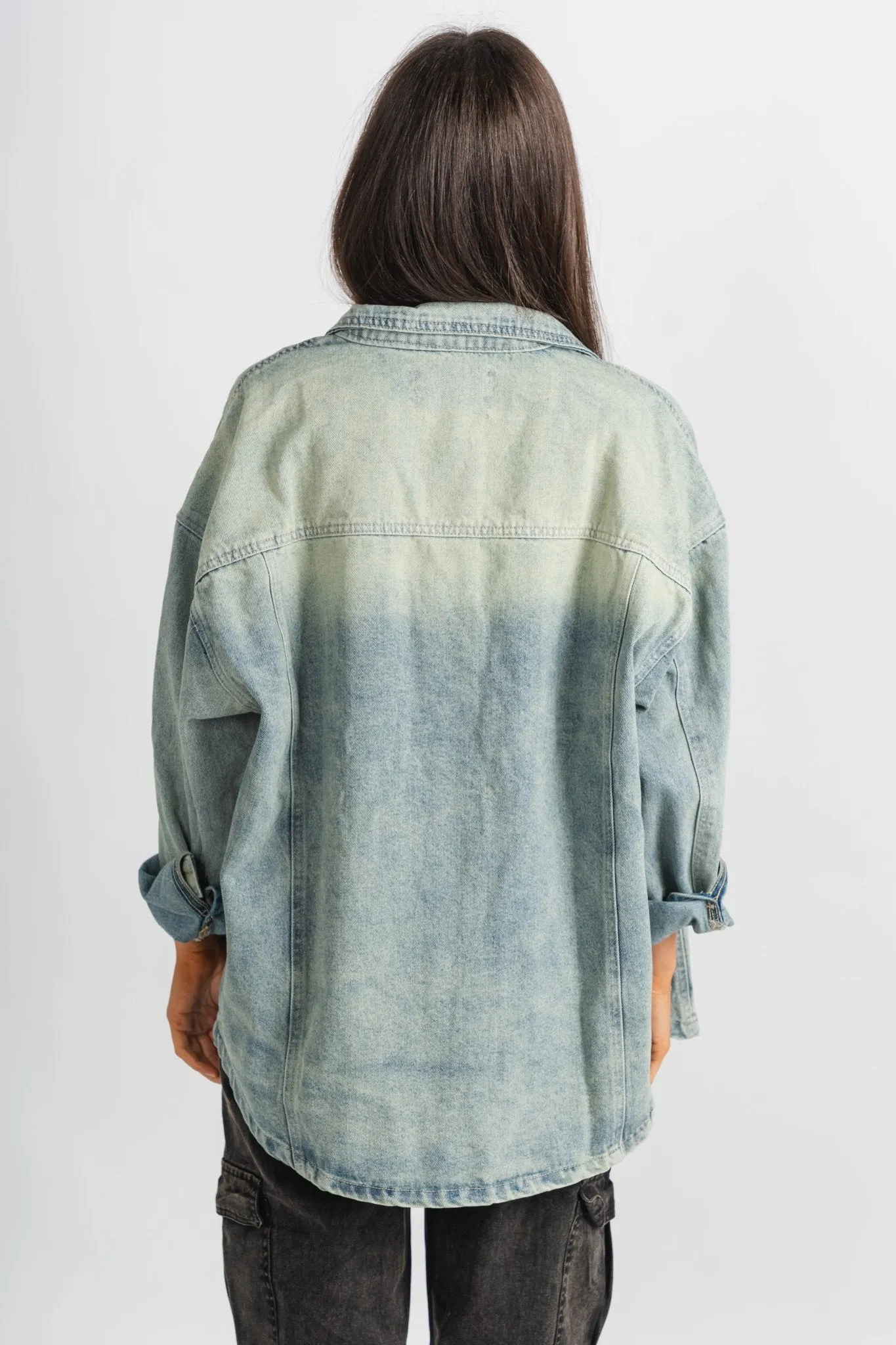 Acid wash denim shacket medium denim