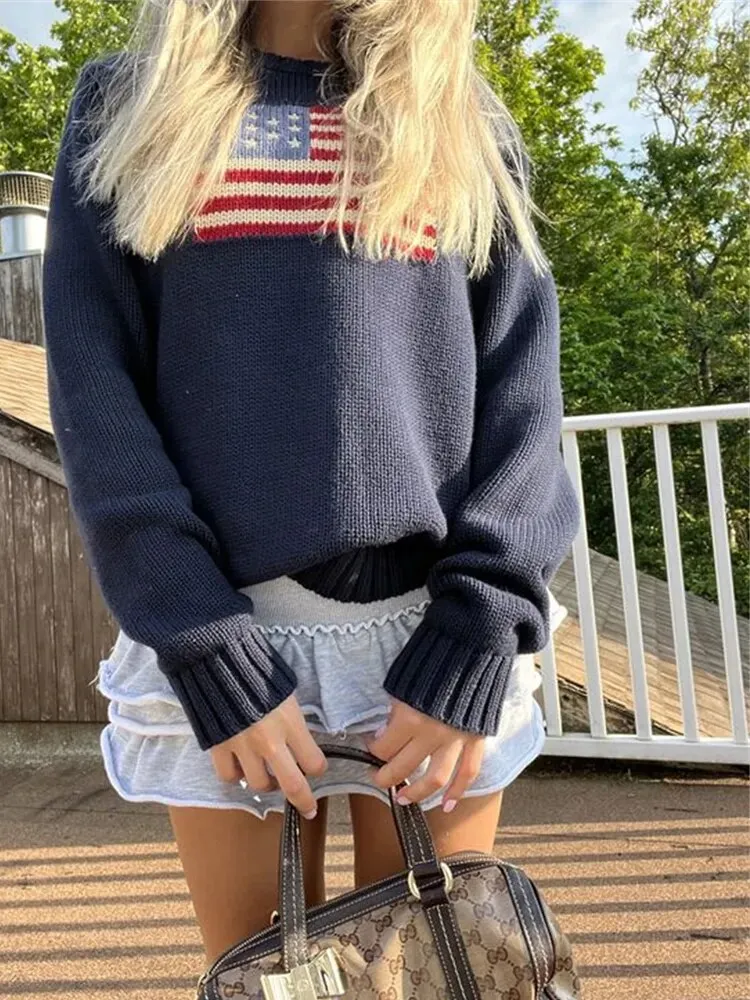 American Flag Knit Long Sleeve Sweater Oversize Pullover