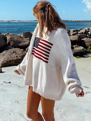 American Flag Knit Long Sleeve Sweater Oversize Pullover