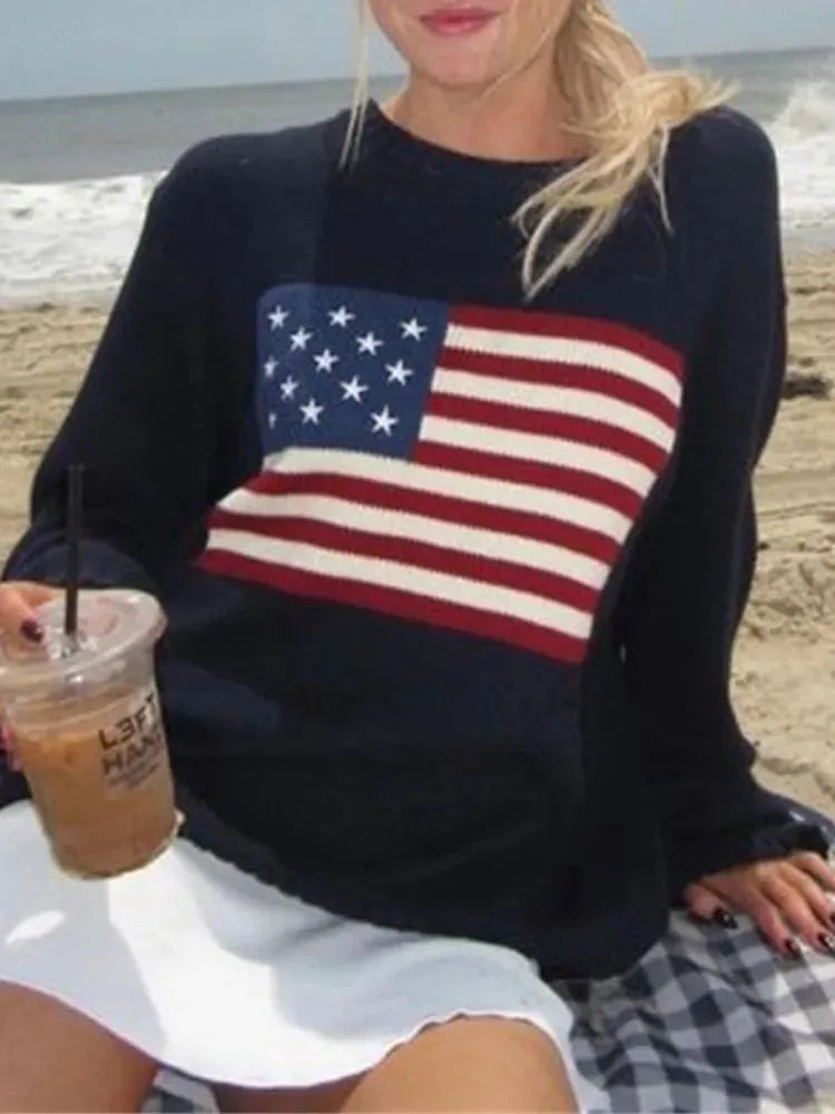 American Flag Knit Long Sleeve Sweater Oversize Pullover