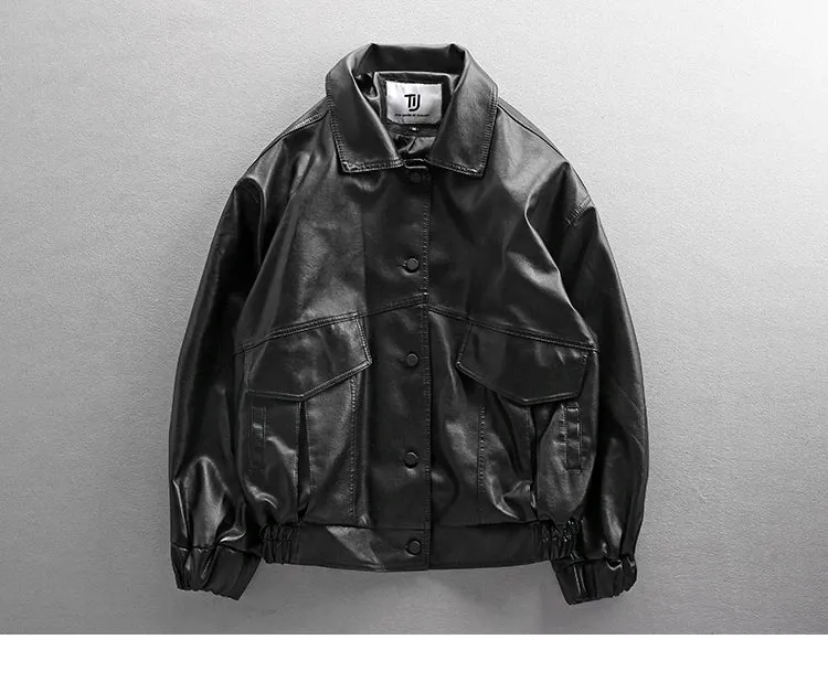 American Retro Loose Leather Coat Men's Trendy Handsome Motorcycle Clothing Pilot Leather Jacket Black Korean Style PU Leather Jacket