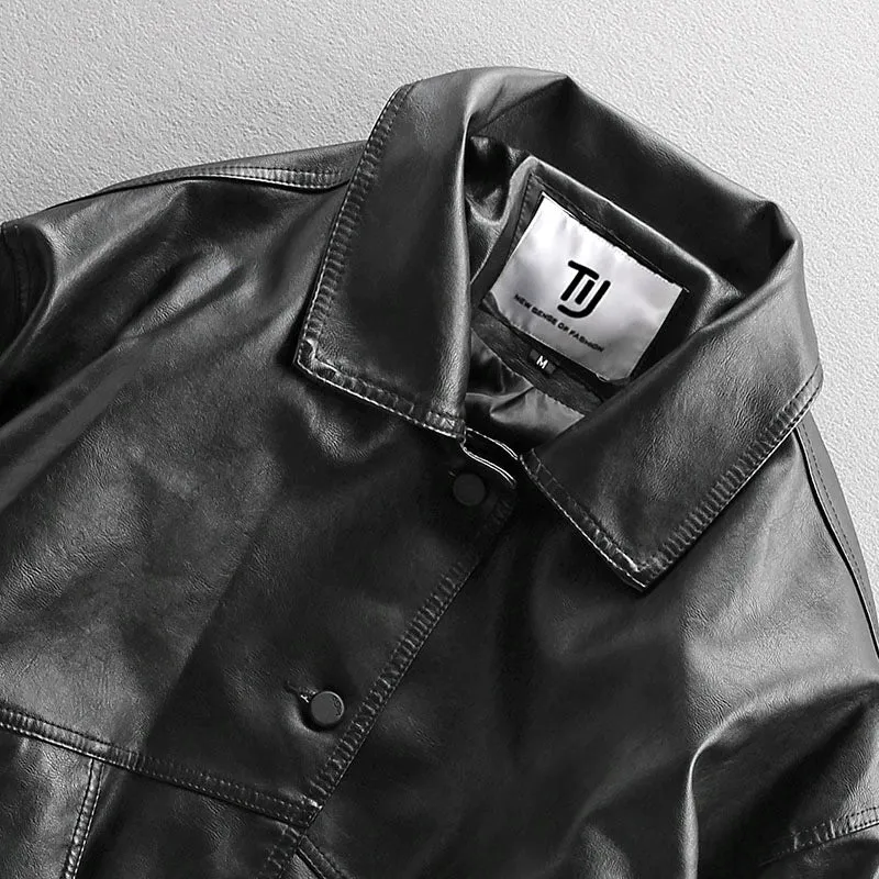 American Retro Loose Leather Coat Men's Trendy Handsome Motorcycle Clothing Pilot Leather Jacket Black Korean Style PU Leather Jacket