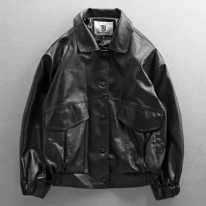 American Retro Loose Leather Coat Men's Trendy Handsome Motorcycle Clothing Pilot Leather Jacket Black Korean Style PU Leather Jacket