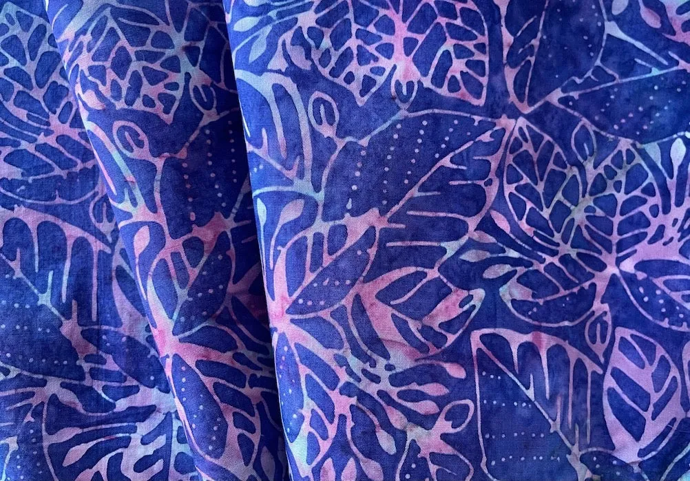 Aqua & Rose-Colored Foliage Cotton Batik (Made in Indonesia)