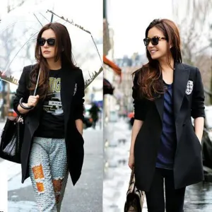 Badge Patchwork Long Sleeves Double Buttons Plus Size Long Coat