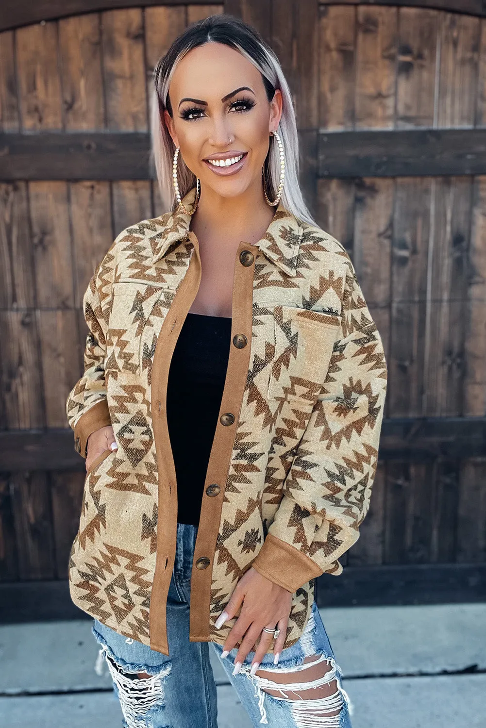 Beige Aztec Pocket Buttoned Long Sleeve Jacket