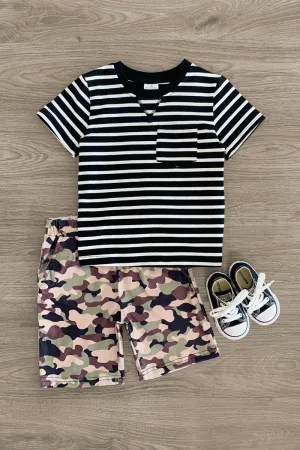 Black Striped Camo Short Set