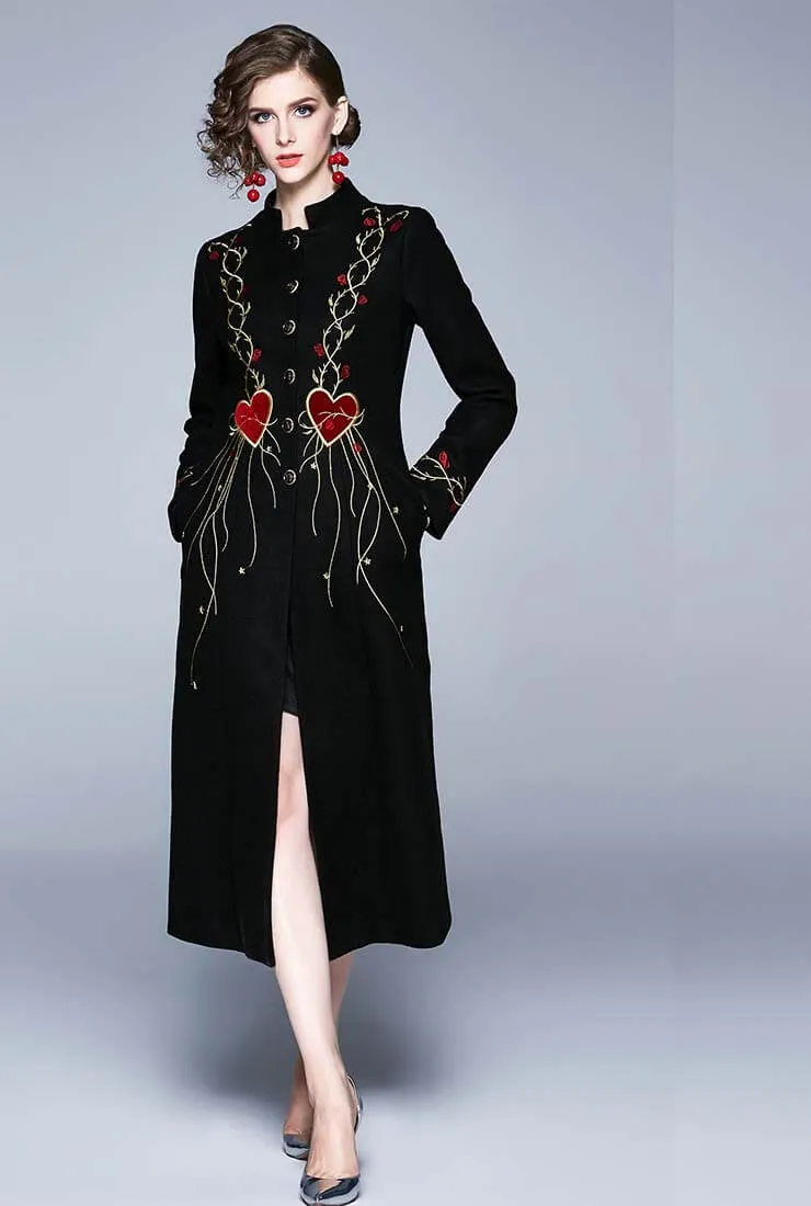 Black Vintage Luxury Embroidery Long Coat