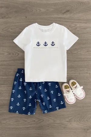 Blue & White Anchor Gingham Short Set