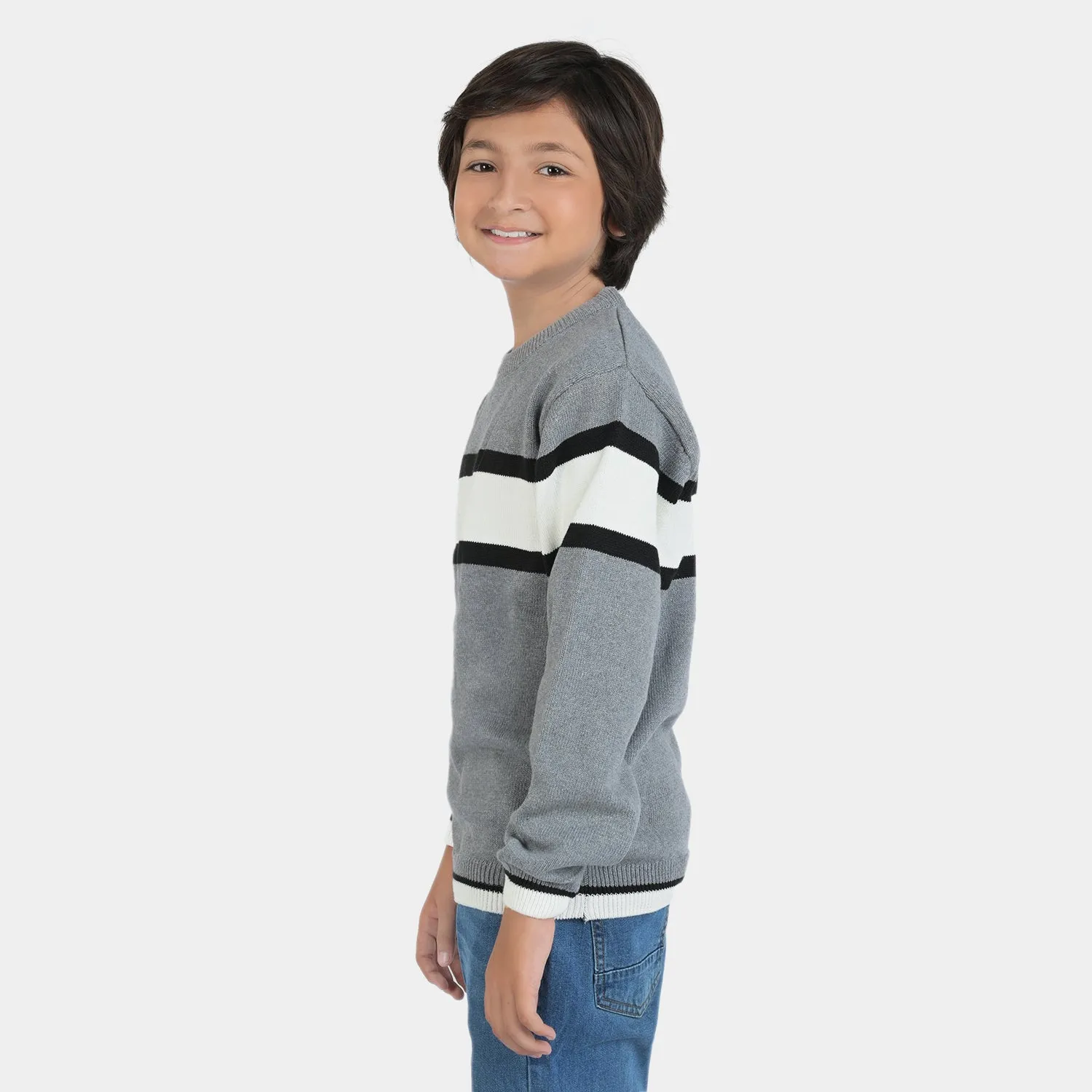 Boys Acrylic Full Sleeves Sweater Striper-Grey/White