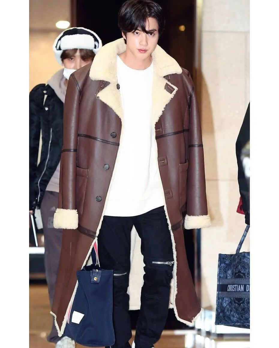 BTS Jin Shearling Brown Leather Coat Gimpo Airport