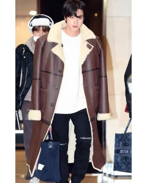 BTS Jin Shearling Brown Leather Coat Gimpo Airport