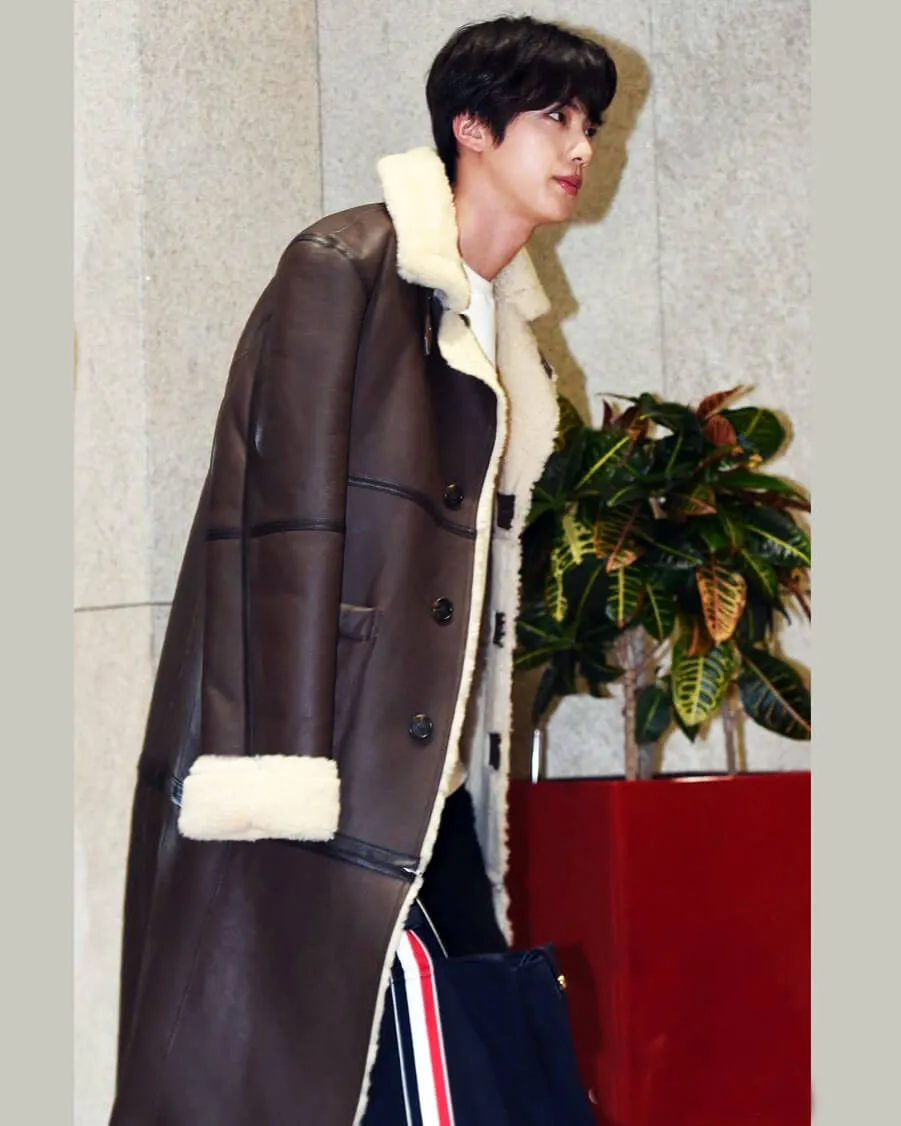 BTS Jin Shearling Brown Leather Coat Gimpo Airport