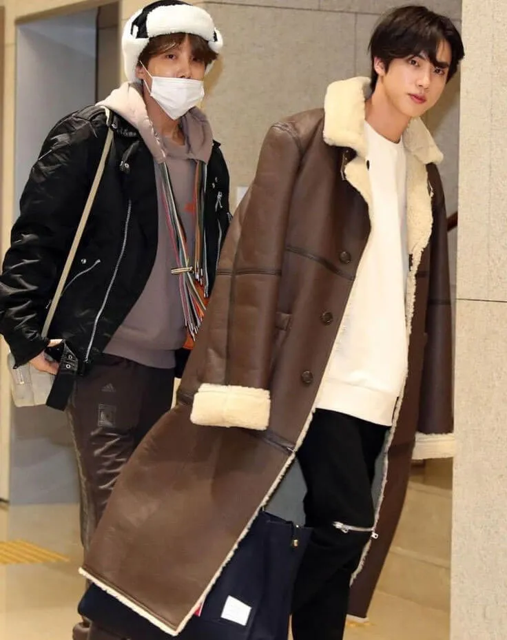 BTS Jin Shearling Brown Leather Coat Gimpo Airport