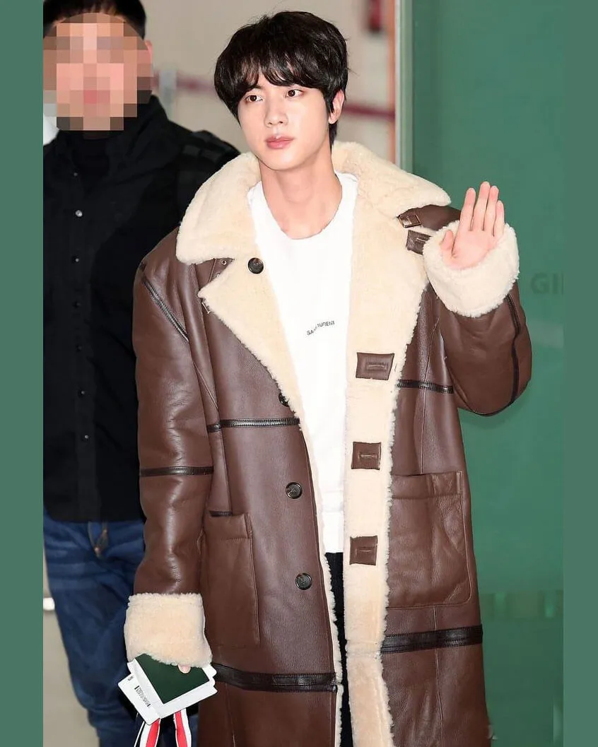 BTS Jin Shearling Brown Leather Coat Gimpo Airport