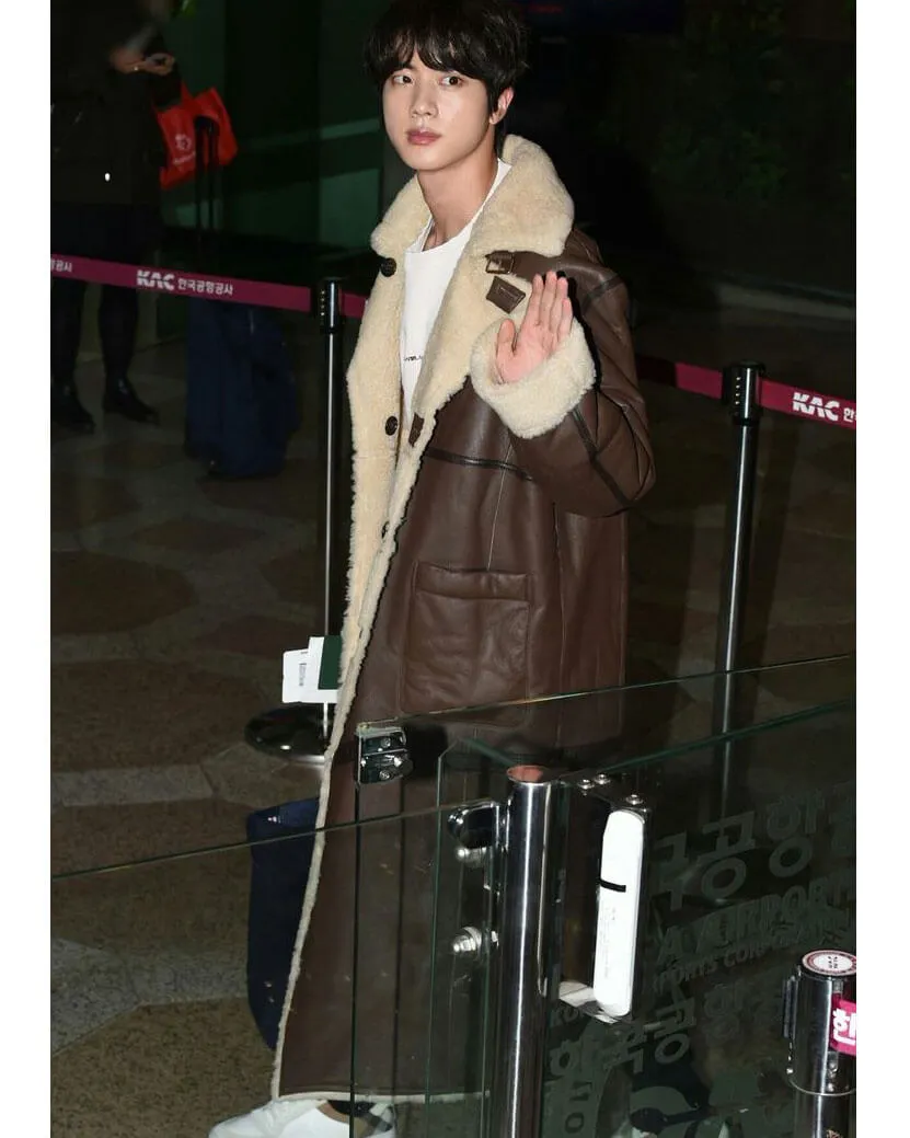 BTS Jin Shearling Brown Leather Coat Gimpo Airport