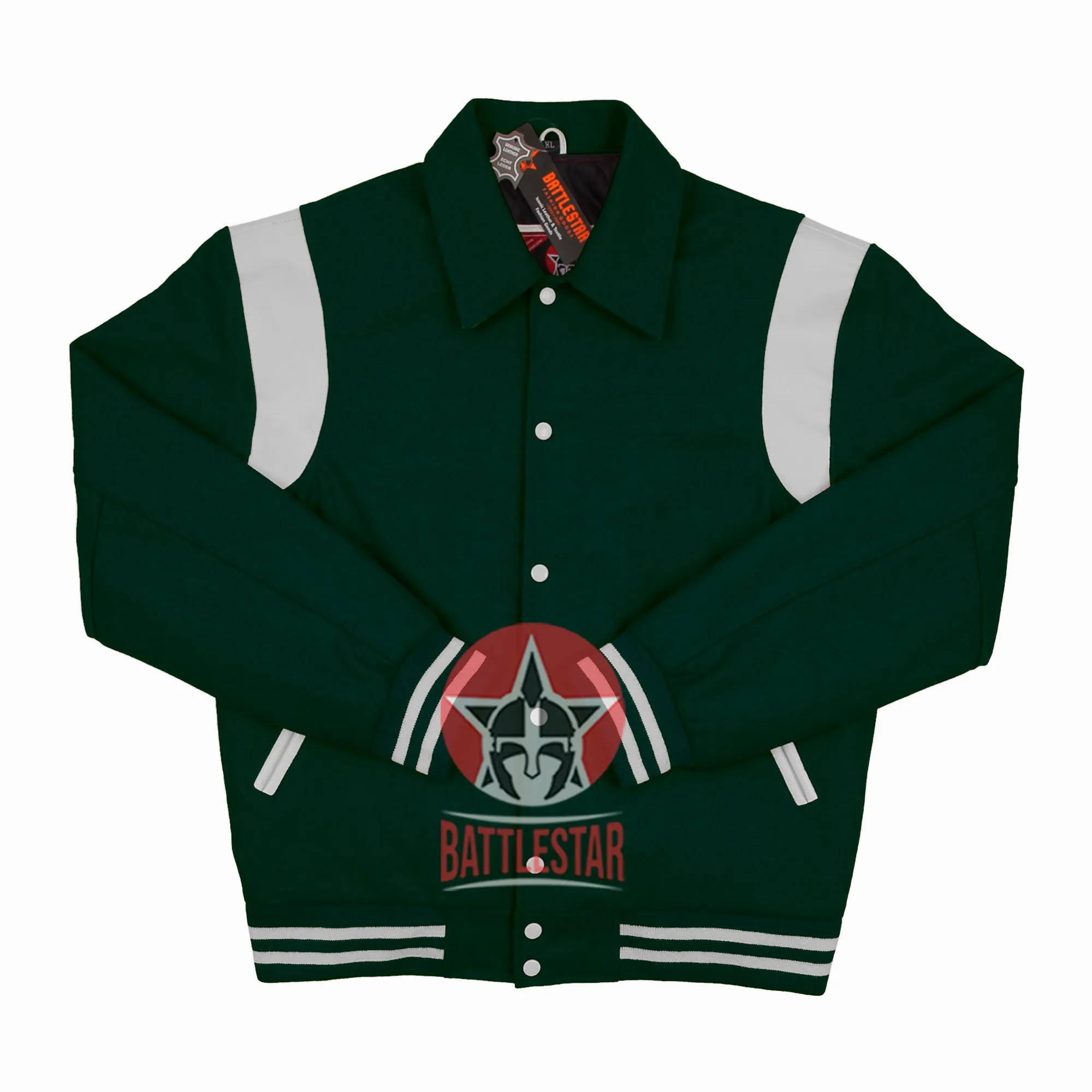 Byron Collar Forest Green Wool White Leather Stripes Varsity Baseball Jacket