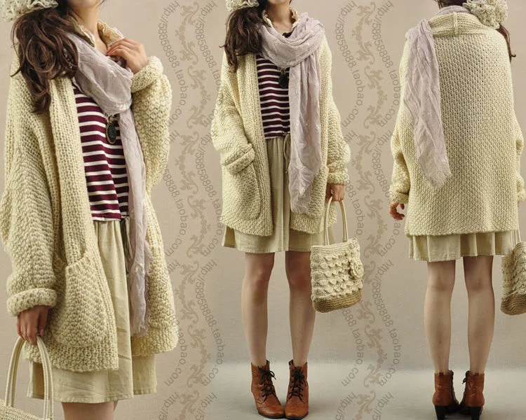 Cardigan Knit Coarse Yarn Batwing Loose Sweater