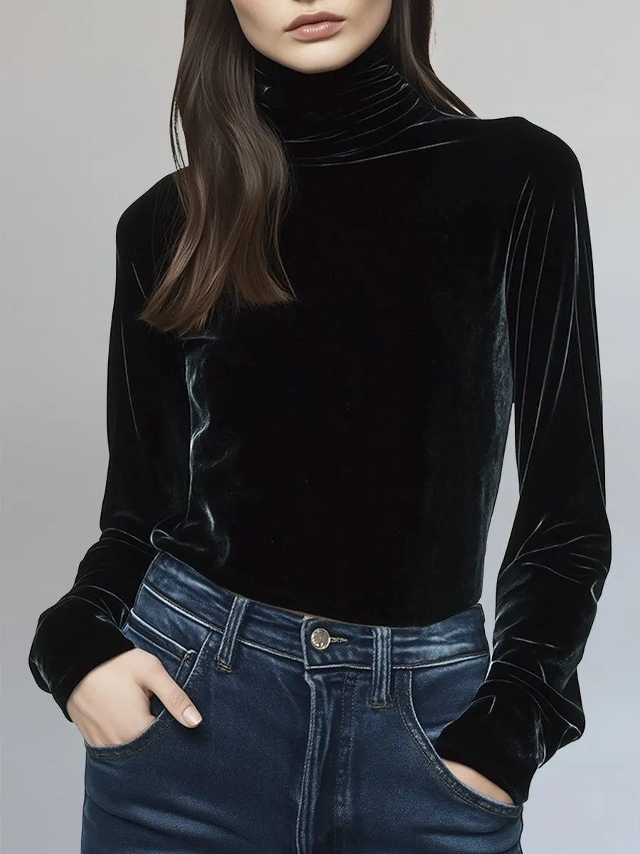 Classic Black Vintage Velvet Turtleneck Shirt