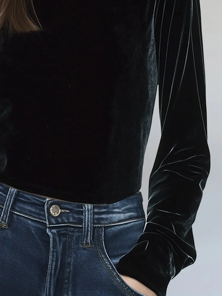 Classic Black Vintage Velvet Turtleneck Shirt