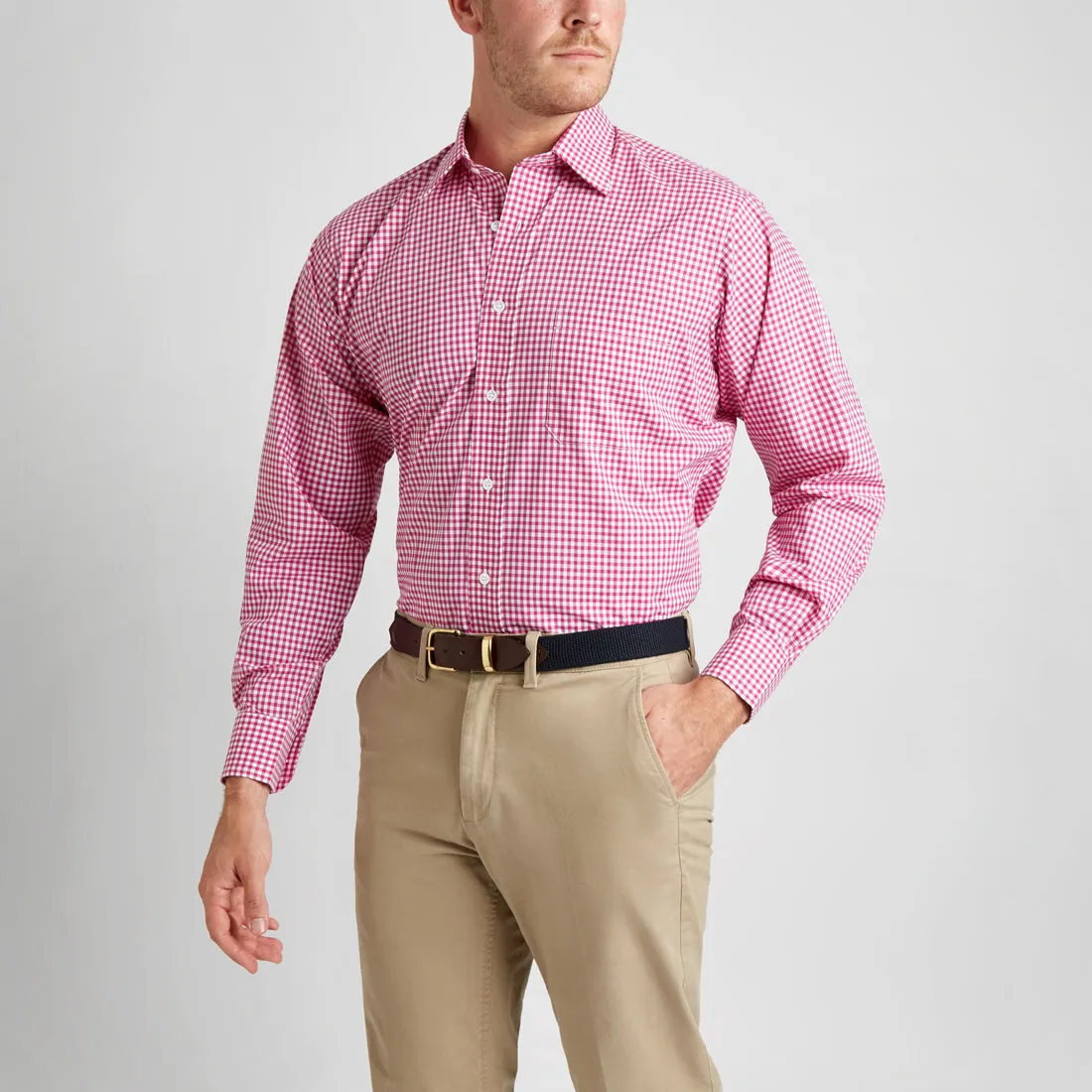 Classic Fit Check Zephyr Button Cuff Shirt in Magenta