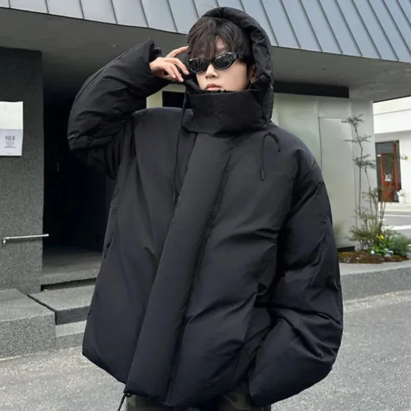 Cotton Padded Jacket Men's Korean Style Trendy Winter Warm Hooded Versatile New Trendy Solid Color Jackets Black 9C9254