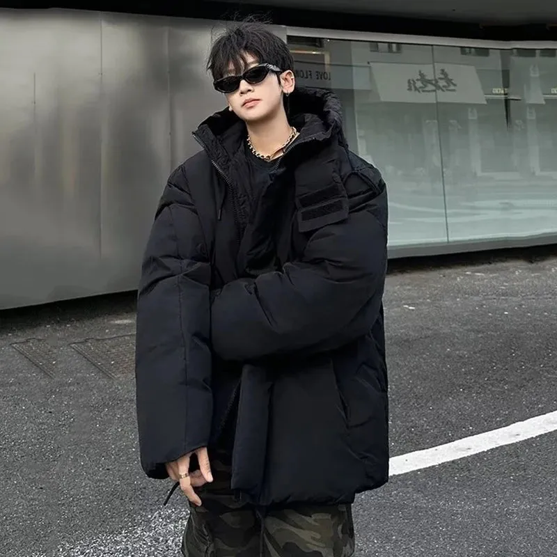 Cotton Padded Jacket Men's Korean Style Trendy Winter Warm Hooded Versatile New Trendy Solid Color Jackets Black 9C9254