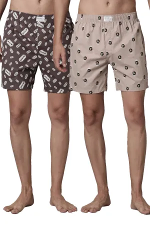 Dark-Tan Printed & Beige Printed 365 Boxers Combo