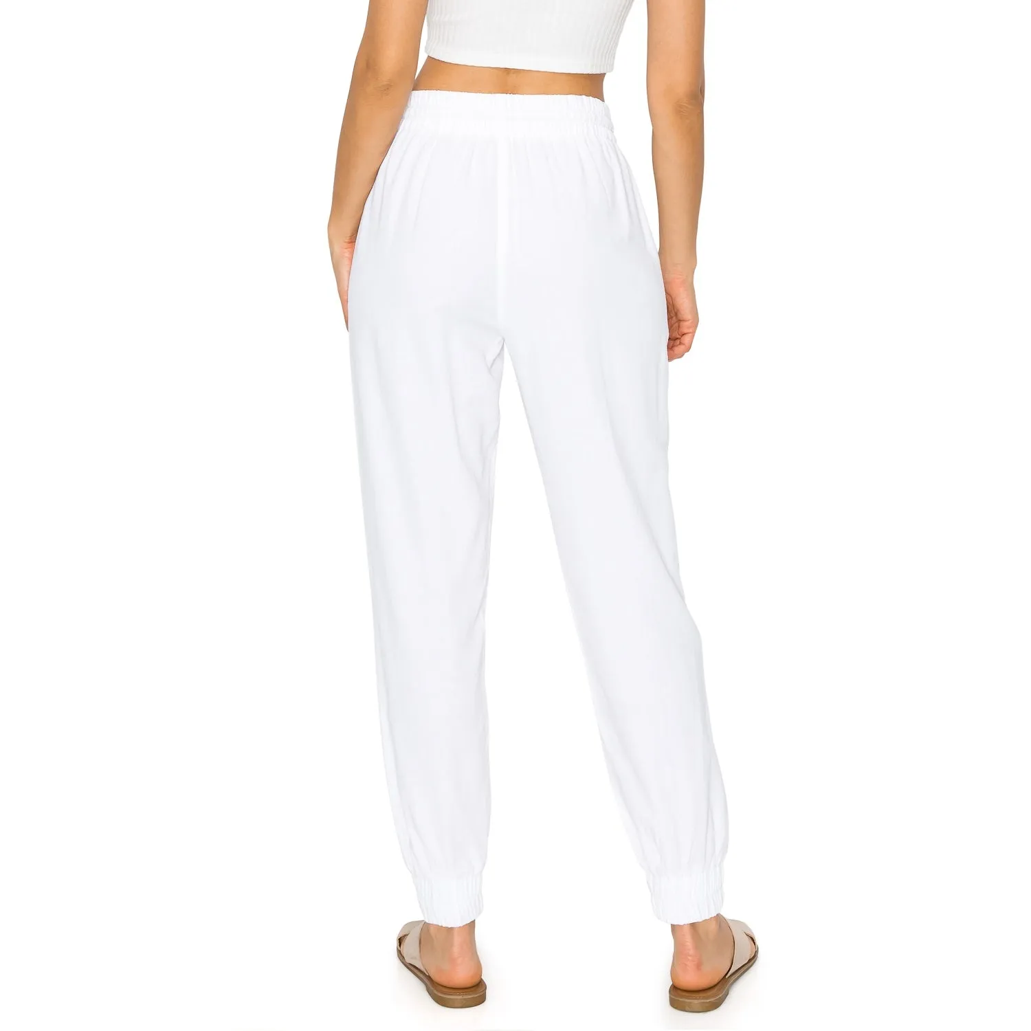 Drawstring Waist Linen Jogger Pants - White