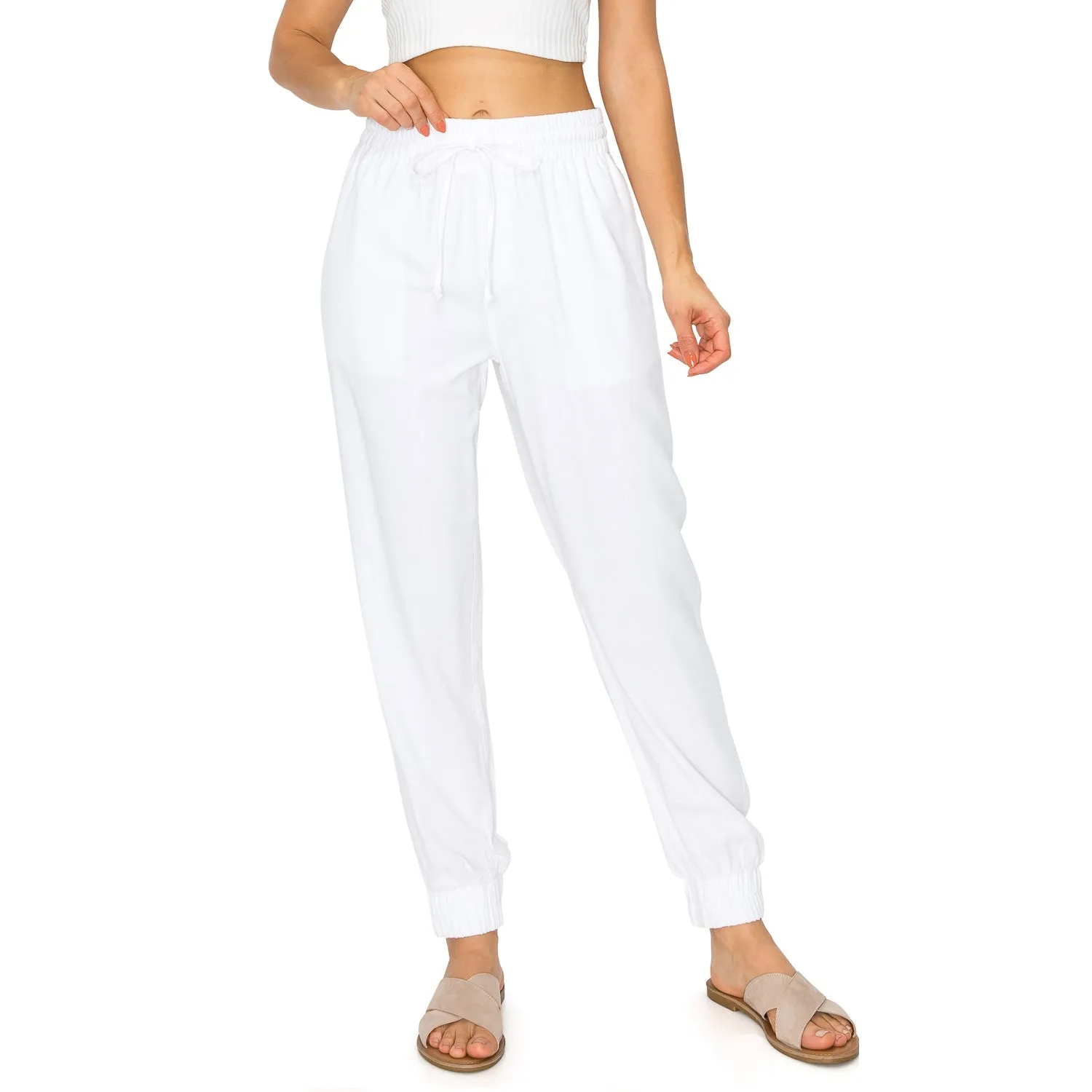 Drawstring Waist Linen Jogger Pants - White