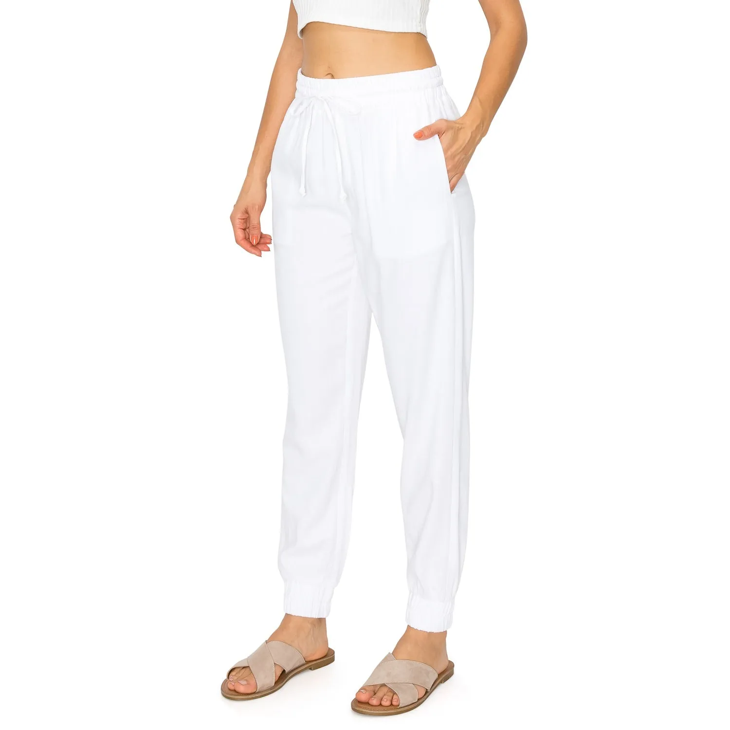 Drawstring Waist Linen Jogger Pants - White