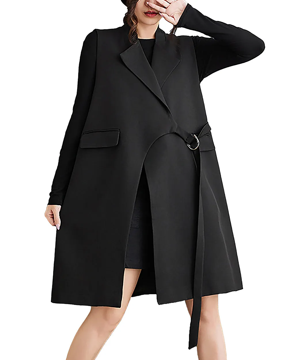 ellazhu Women's Coat Sleeveless Buckle Strap Outfit Above the Knee Avant Loose Oversize GZ305