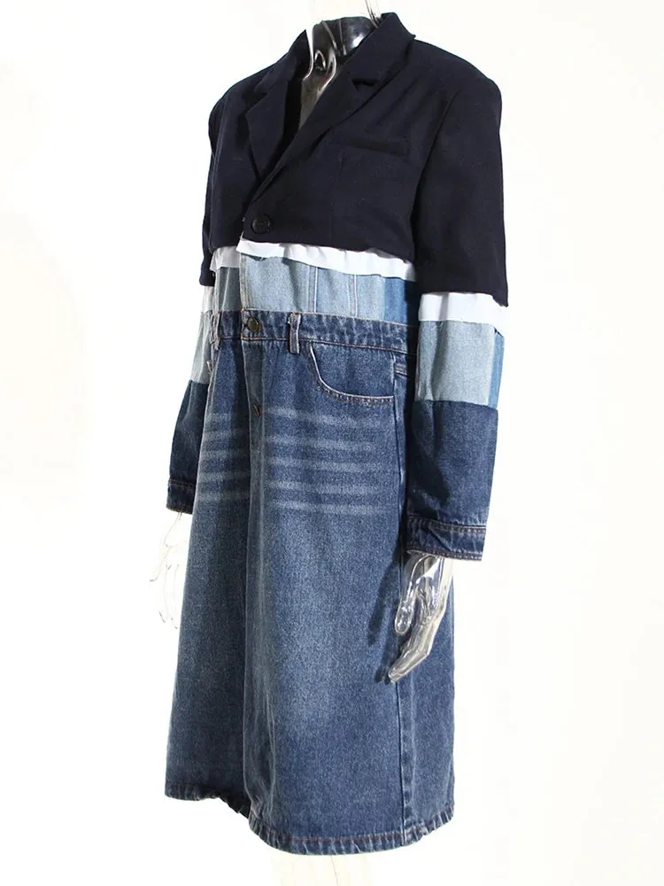 EM Women Blue Denim Color-block Coat