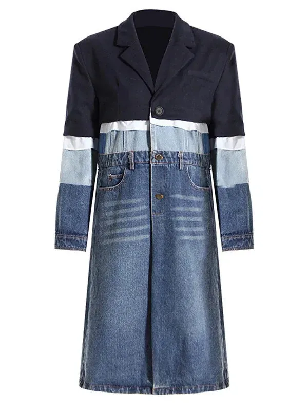 EM Women Blue Denim Color-block Coat