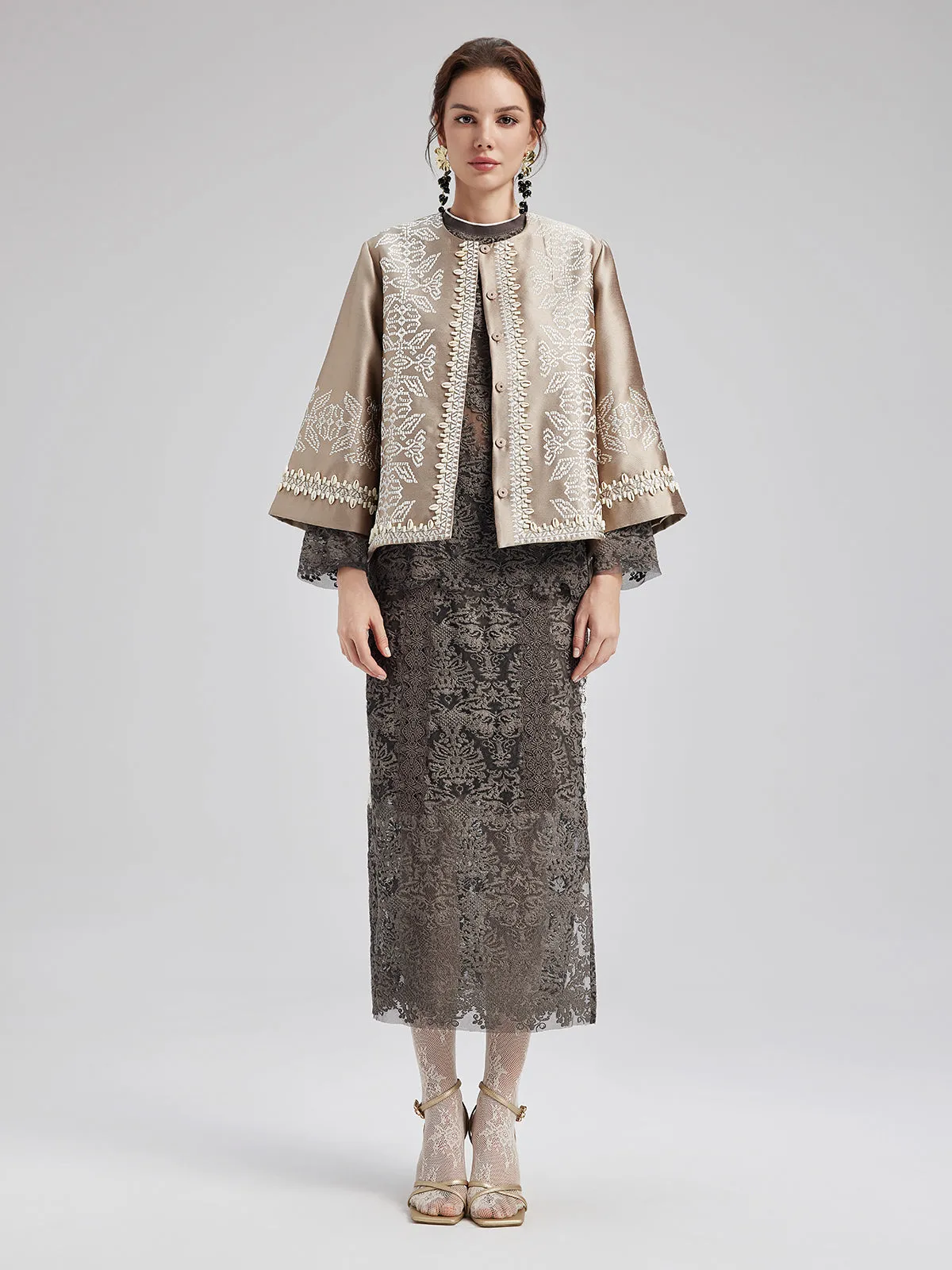 Embroidered Beaded Shell Cape Coat