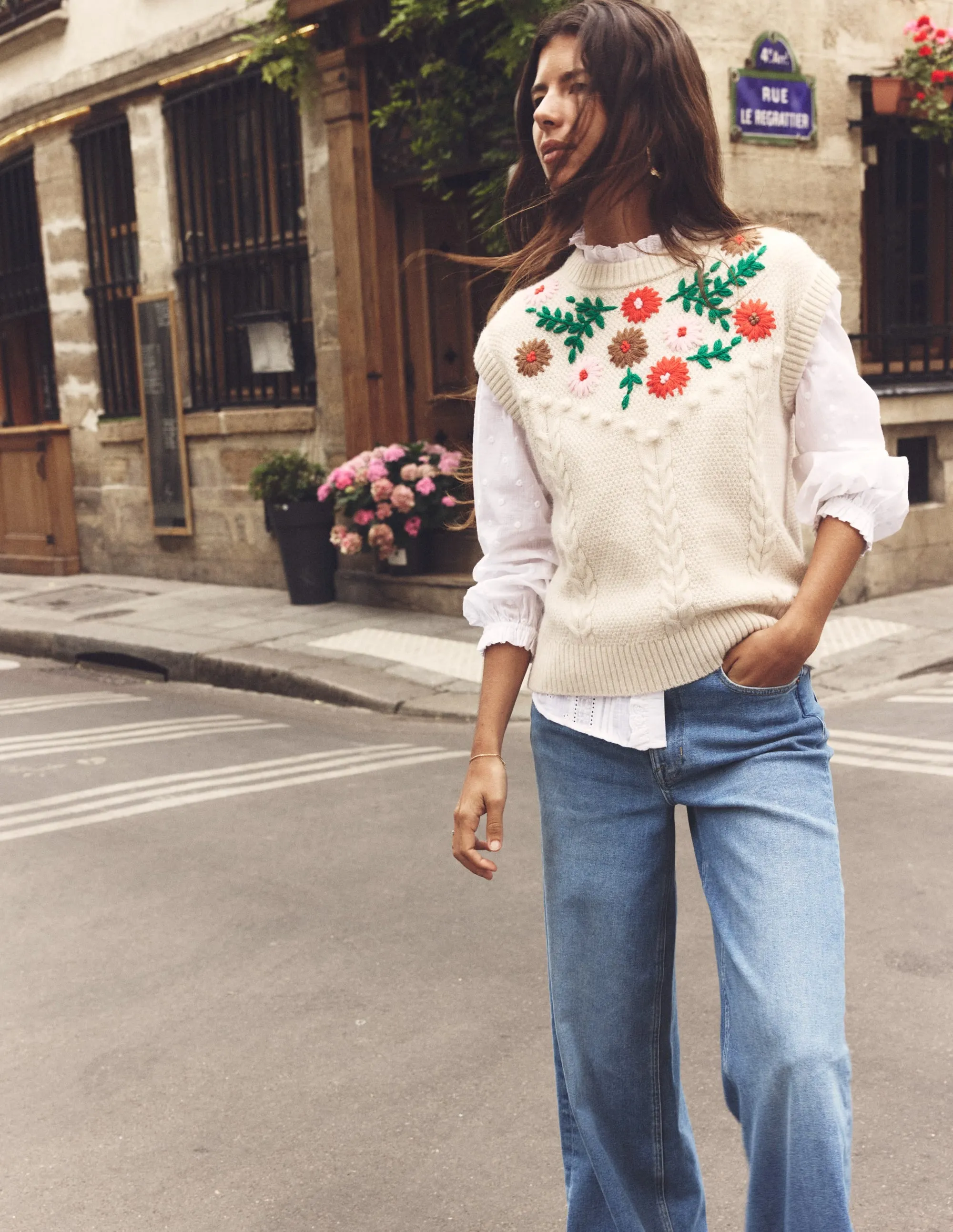 Embroidered Cable Tank-Warm Ivory