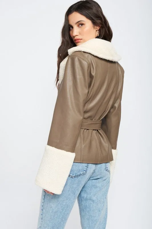 EMORY PARK Belted Faux Shearing Trimmed Jacket