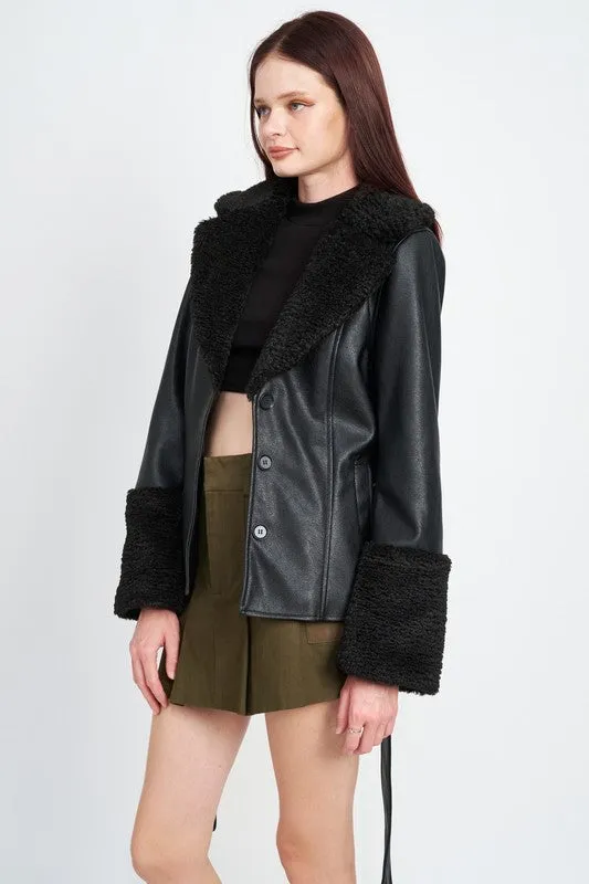 EMORY PARK Belted Faux Shearing Trimmed Jacket