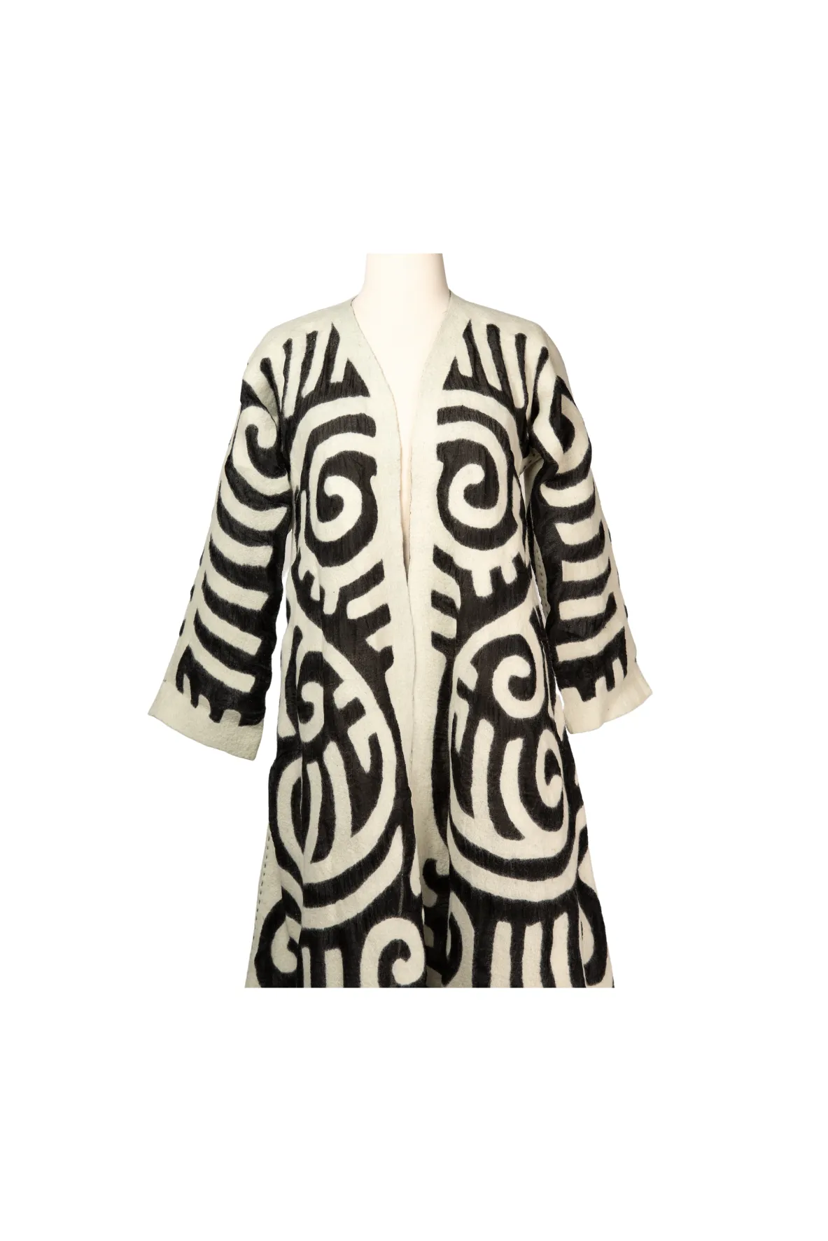 Felted Wool Coat from Kyrgyzstan - Long - Ivory and Black by Larkin Lane