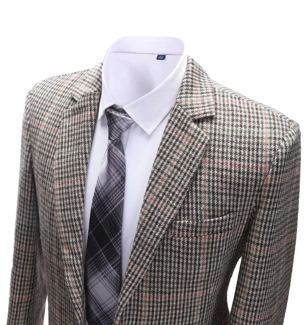 Formal Men's Business Khaki Plaid Notch Lapel Blazer