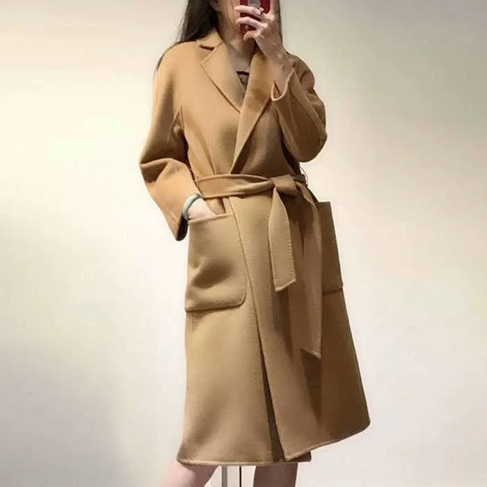 Free Shipping Camel Cashmere long Wool Trench Coat Womens