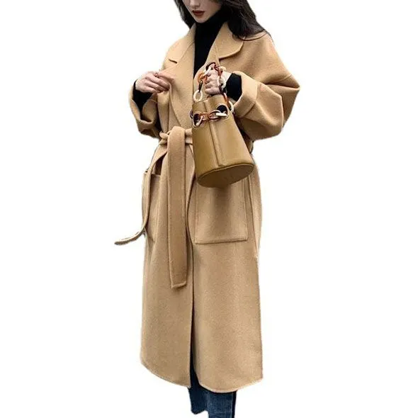 Free Shipping Camel Cashmere long Wool Trench Coat Womens