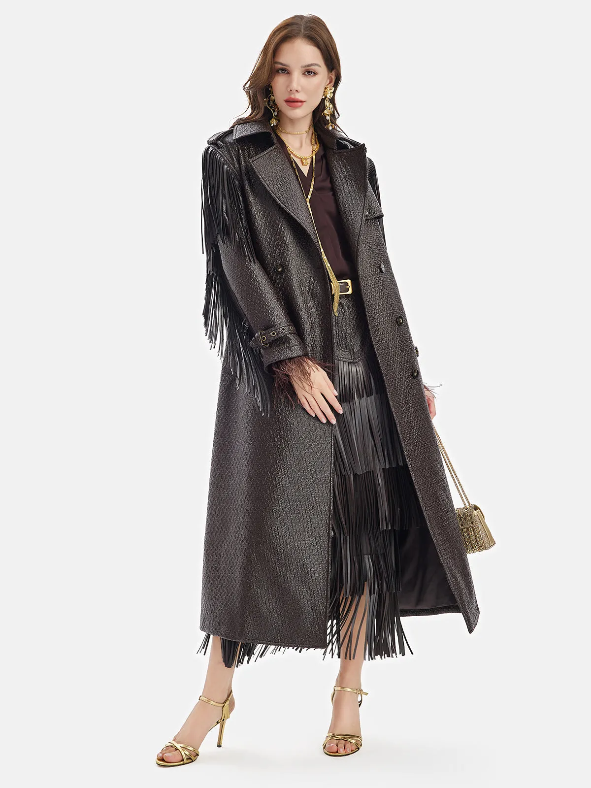 Fringe Double-Breasted Leather Trench