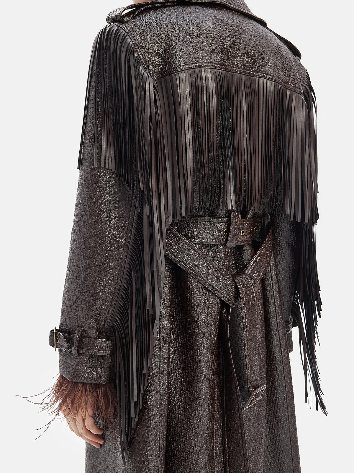 Fringe Double-Breasted Leather Trench